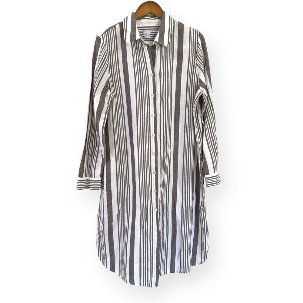 Striped Button-Front Shirt Dress in White and Brown